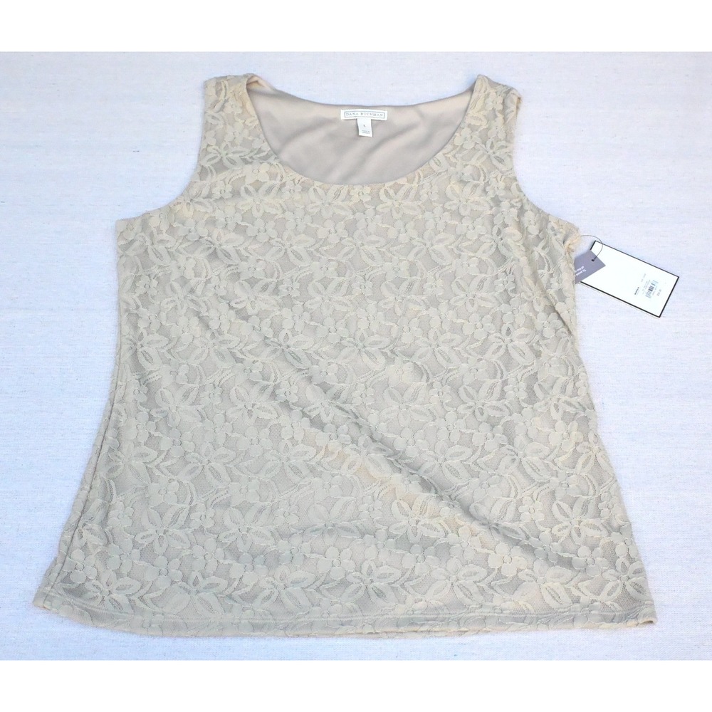 Dana Buchman Womens L NWT Beige Floral Lace Shell Tank Top Lined Scoop Neck Soft